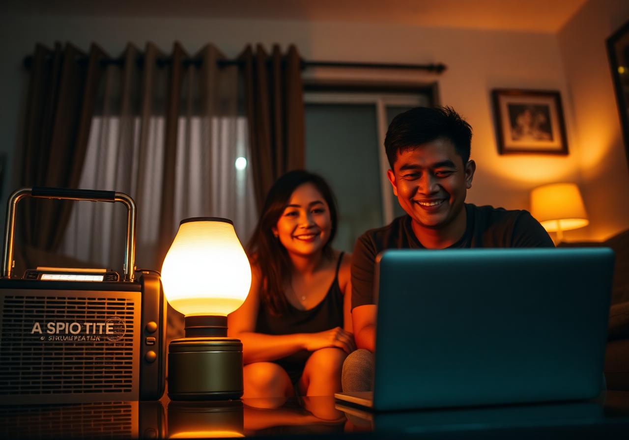 Family at home during a brownout, lit by portable power